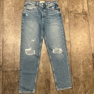 Free People Women High Rise Blue Denim Jeans with Distressed Details